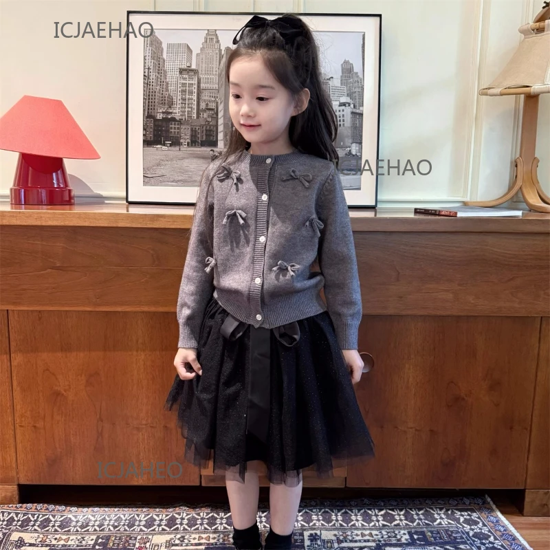 Teen Girl Clothes Children Girls Gray 3D Bow Cardigan Black Skirt Set Matching Kids Vintage Cute Spring Fall Outfit Outerwear