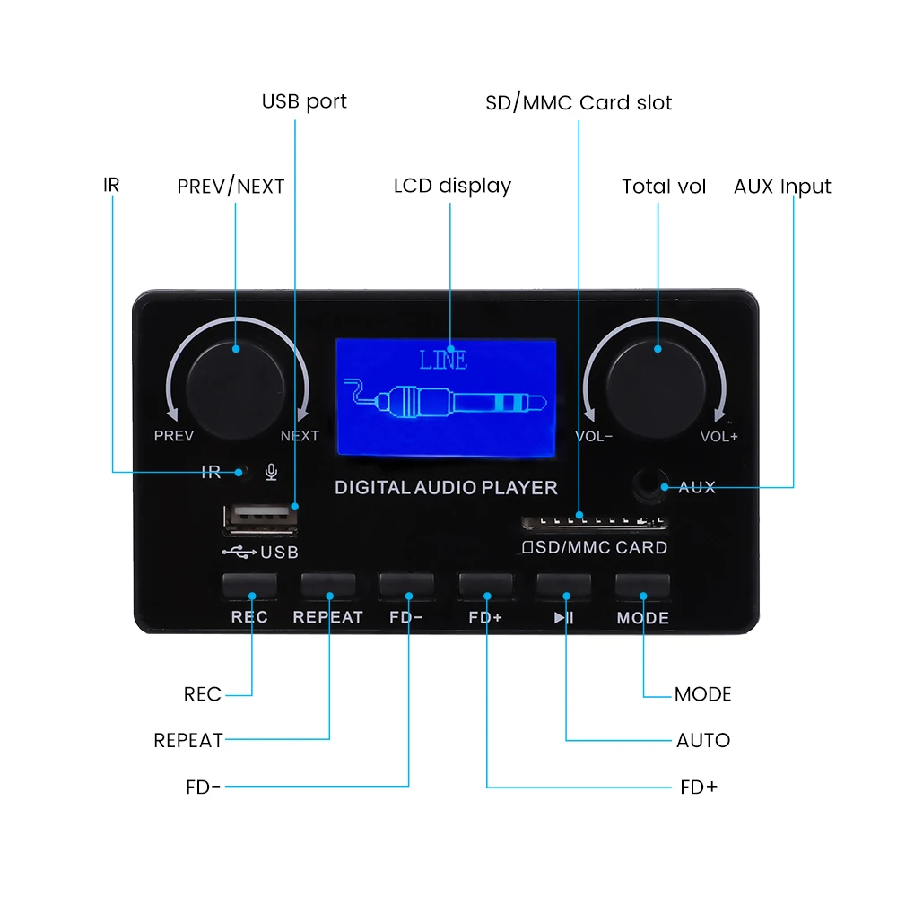 AIYIMA 12V MP3 Bluetooth Decoder Board LCD Lyrics Display Decoder WMA WAV FLAC APE FM Recording USB Decoding For Audio Amplifier