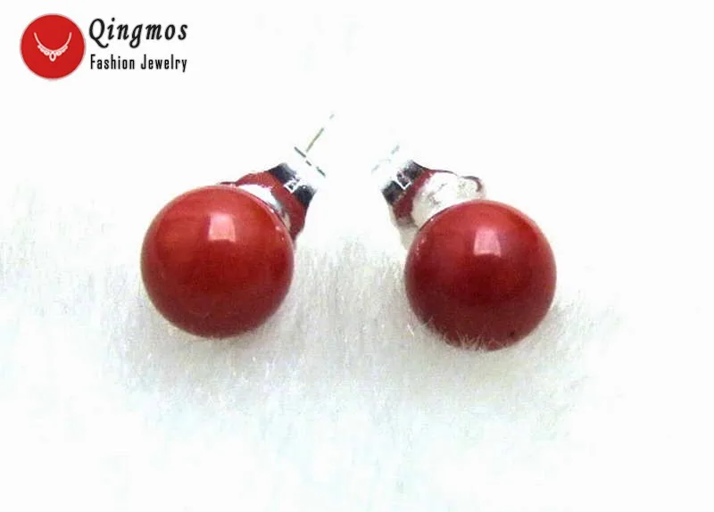 Qingmos Fashion 8mm Round Natural Red Coral Earring for Women with Personality Design Jewelry Antique Silver Plated Stud Earring