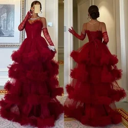 Customized Classic Net Pleat Tiered A-line Spaghetti Strap Long Dresses Evening Dresses Exquisite Modern Style Pastrol Unisex Ch