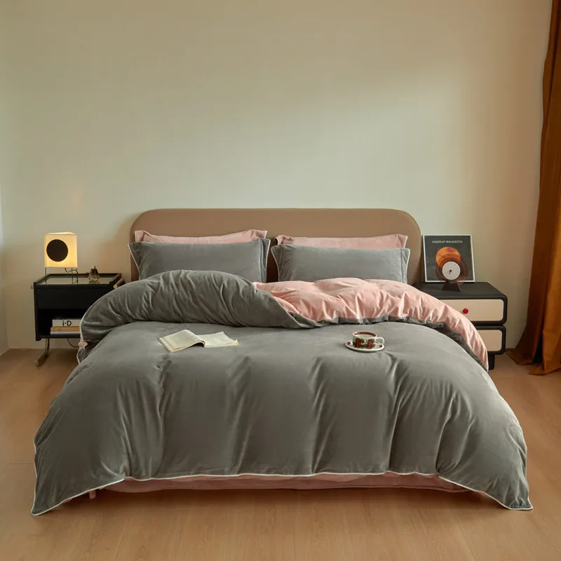 Juego de 4 Uds de forro polar de paloma Original Clase A, forro polar de leche AB, Sábana de cama gruesa de doble cara de Color sólido cálido, funda de edredón, funda de almohada