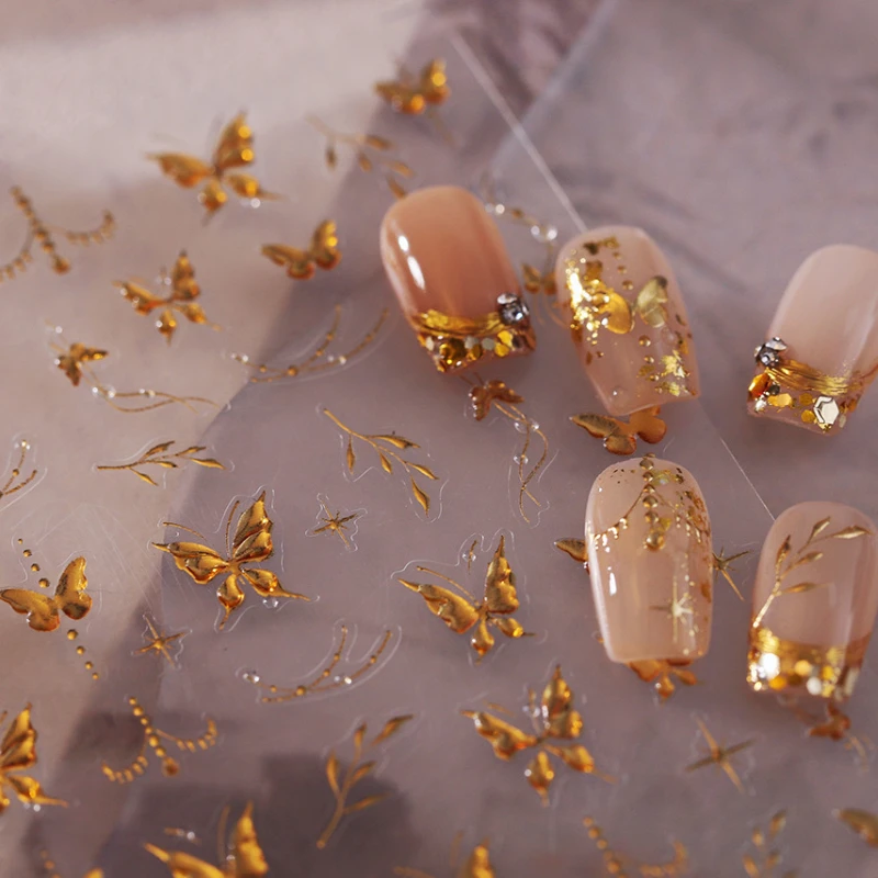 Gold Stamped Butterfly Stars Leaf 3D Jelly Self Adhesive Nail Art Stickers Illusion Polarized Charm Manicure Decals Wholesale