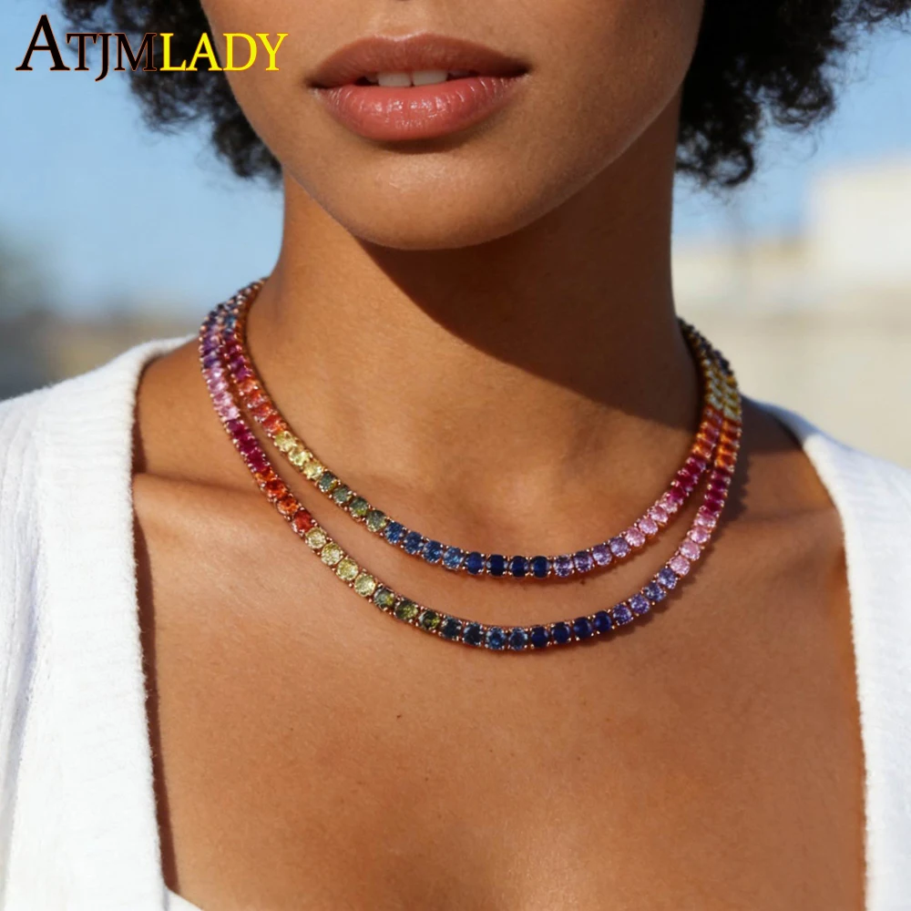 5mm Rose Gold Color Rainbow CZ Tennis Chain Choker Necklace Colorful Cubic Zirconia Women Fashion Iced Out Jewelry 16