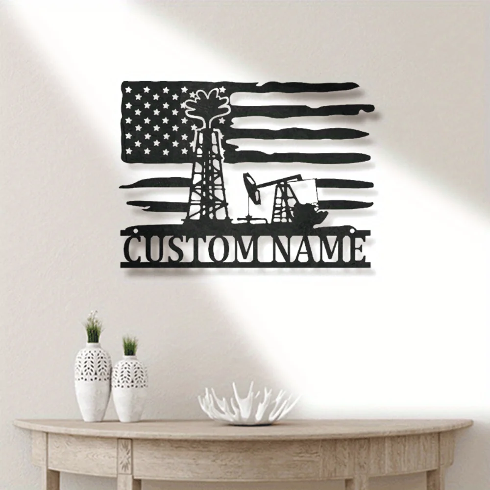 Custom Metal Wall Art US Flag Oil Rig Design with Name Inscription Perfect Gift for Oilfield Enthusiasts on Special Occasions