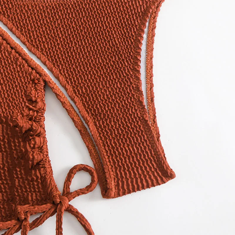 สีน้ําตาล Ribbed หนึ่งไหล่ Bandeau ชุดบิกินี่ 3 ชิ้นกระโปรงมินิเซ็กซี่ชุดว่ายน้ําผู้หญิงวันหยุดชุดว่ายน้ํา 2025 Biquinis