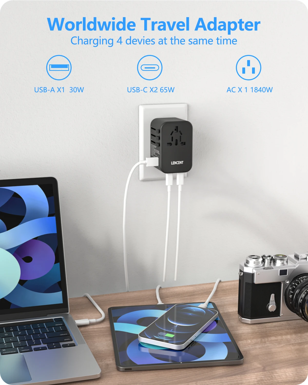 LENCENT 65W/45W/30W GaN Universal Travel Adapter with USB-A and Type C Fast Charging Power Adapter EU/UK/USA/AUS Plug for Travel