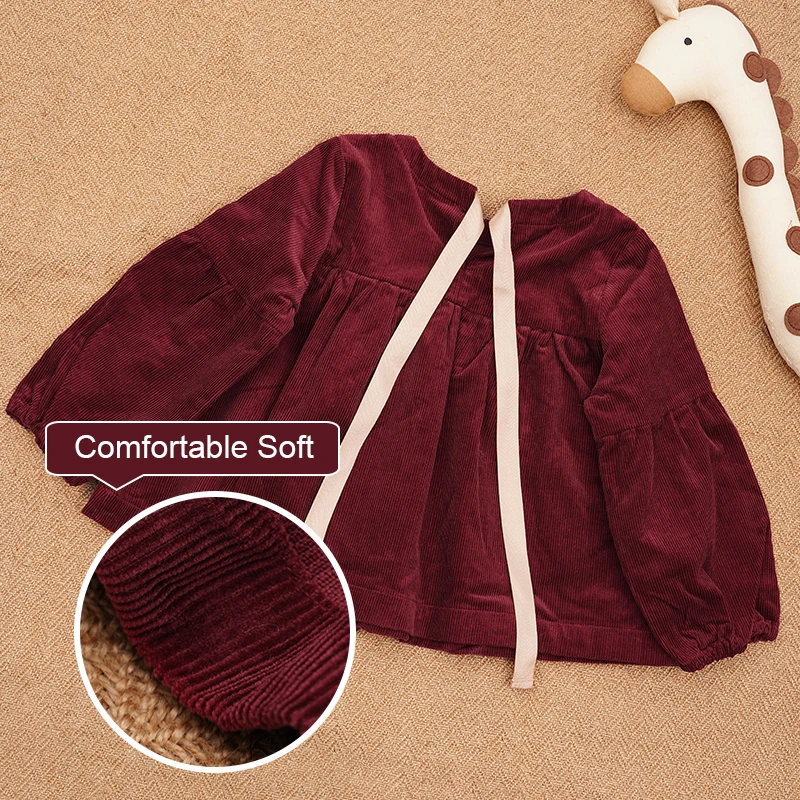 Autumn Winter Girls' Top New Long Sleeved Christmas Red Corduroy Bubble Sleeve Shirts Chic Children's Clothing 아동복 가을 - Image 5