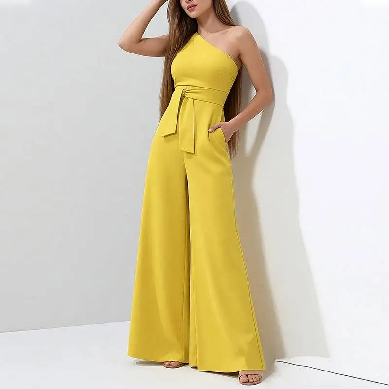 2026 Spring New Women's One-Piece Suiting Commute Pure Color Diagonal Shoulder Tie Straight Leg Jumpsuit High Waist Long Pants