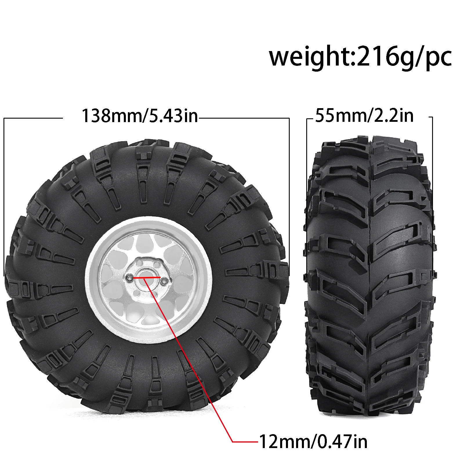 Set di pneumatici per cerchioni Beadlock da 2,2" 4 pezzi 138 mm - Aggiornamento definitivo per auto cingolate RC 1/10 come Axial SCX10, Wraith, Traxxas