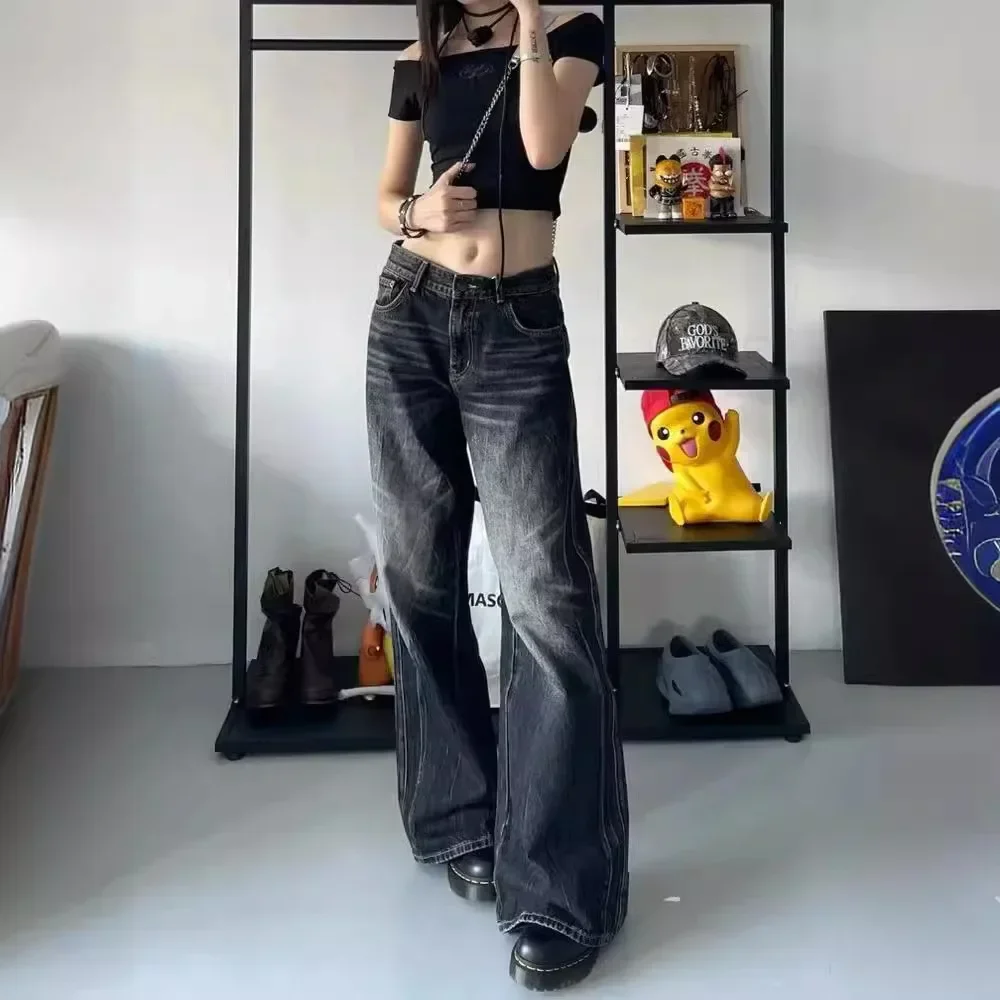 

Джинсы-клеш, длинная длина, со средней талией, джинсовые винтажные потертые карманы, свободный крой, стираные сращенные однотонные женские отбеленные в стиле панк