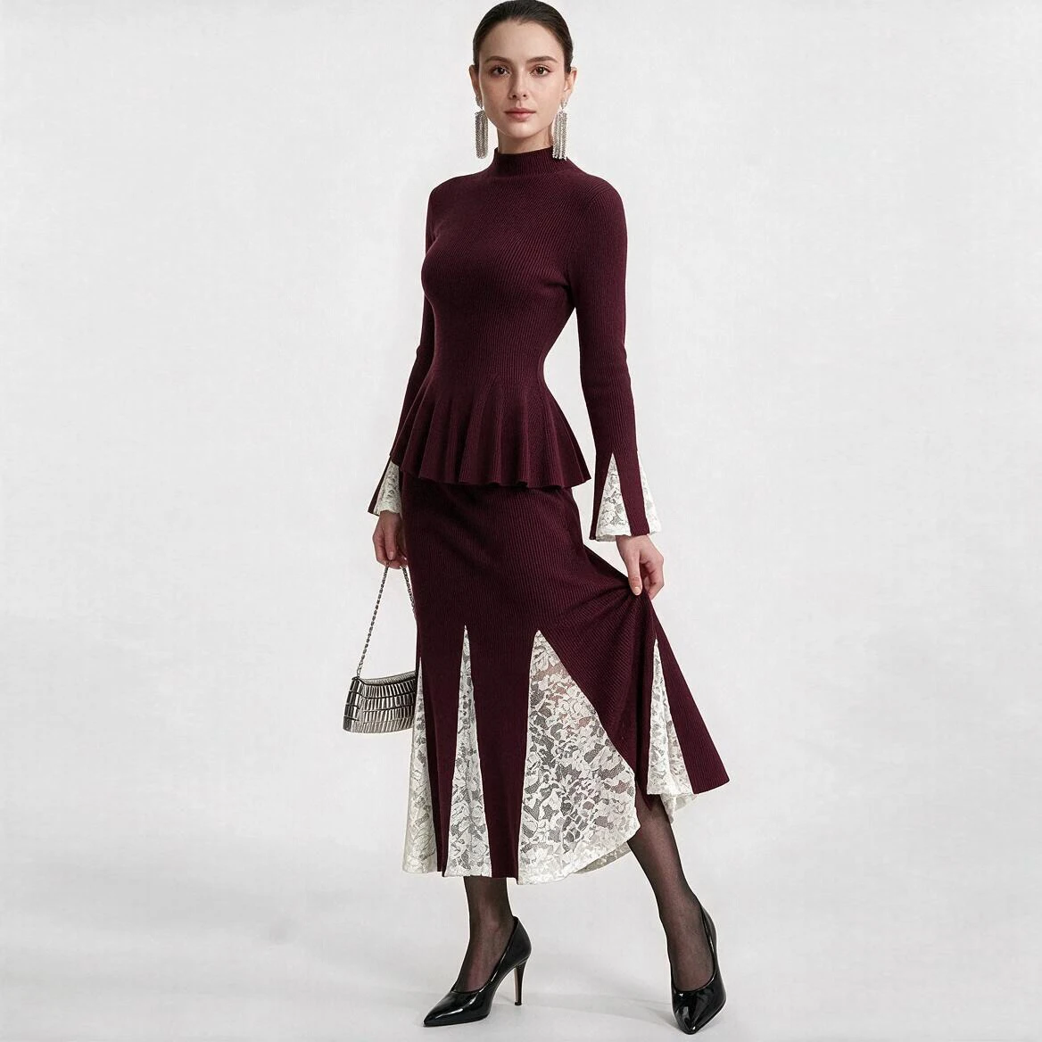 Elegant Women's Flare Sleeve Sweater Long Mermaid Skirt 2 Piece Matching Set Knitted Suit 2026 Autumn Party Outfit Black