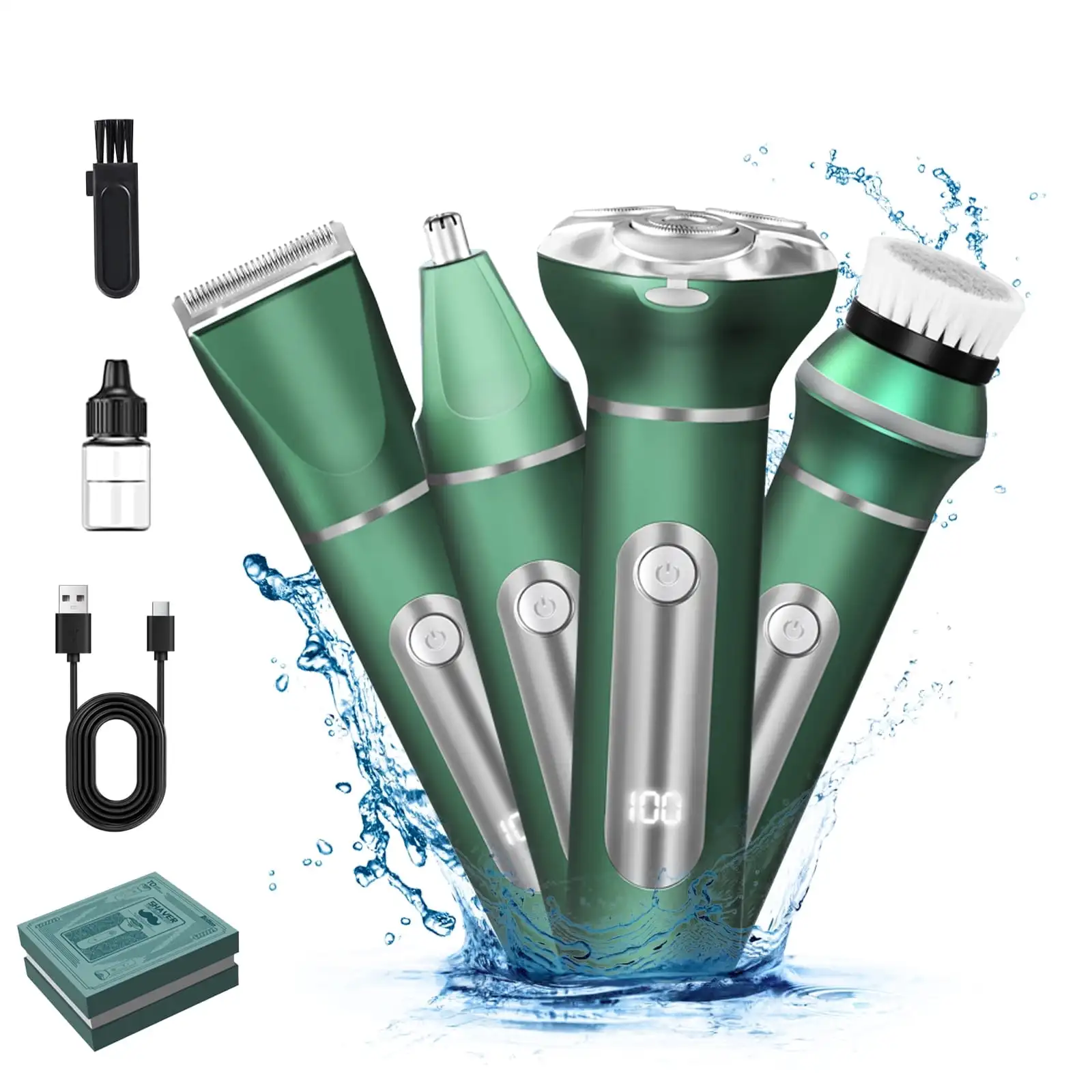 

Мужская электробритва 4 в 1, беспроводная роторная водонепроницаемая бритва для бритья лица с триммером для волос в носу, триммером для бакенбардов