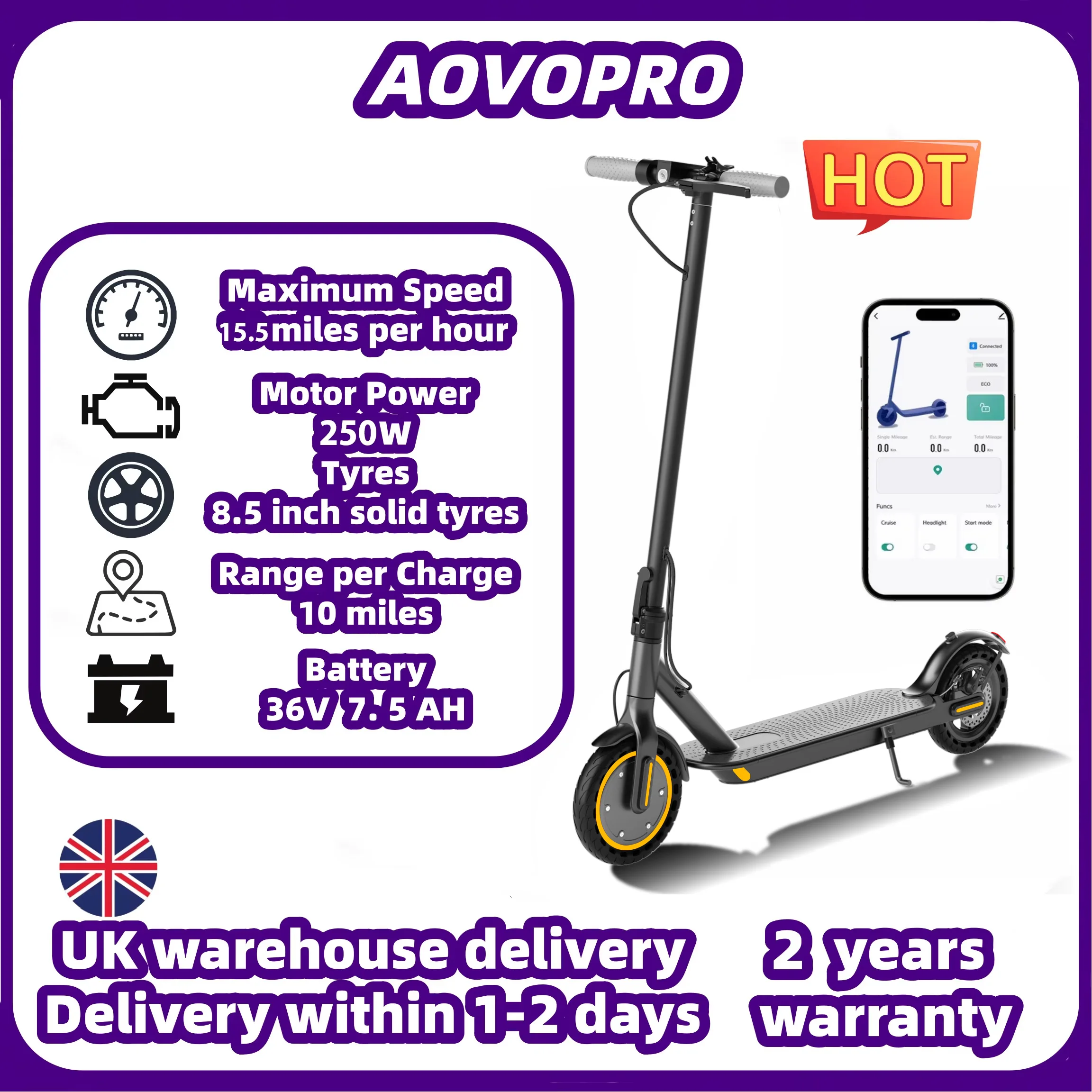 AOVOPRO Electric Scooter Smart Electric Scooter Maximum Speed: 15.5 miles per hour 250W Motor Range Per.Charge10 Miles