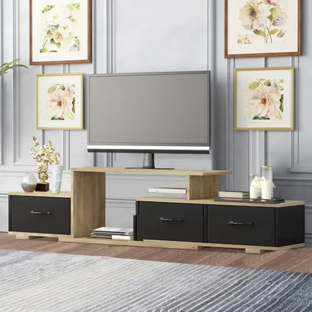 Modern TV Stand with 3 Fabric Drawers Wooden Finish Shelf Console Living Room TV Cabinet Wall Organizer Media Storage 65-Inch TV