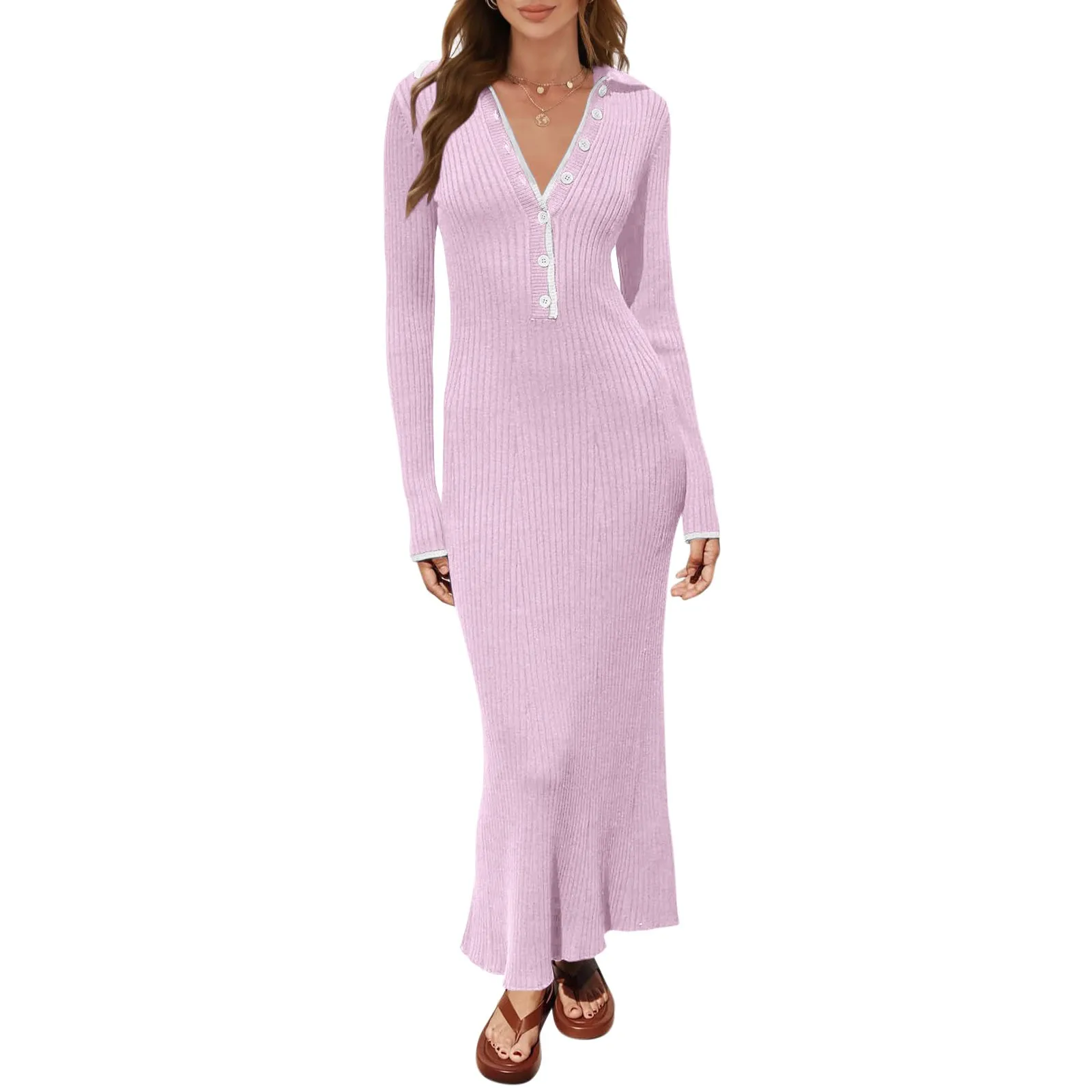 Women's Fall Fashion Solid Color Long Sleeve Bodycon Maxi Dress streetwear Sexy Ruched Neck Slim Fitting Elastic Knit Dress