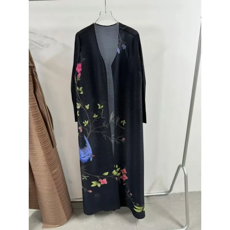 Muslim Abaya Spring and Autumn Fashion Black Printed Round Neck Trench Coat Jacket Saudi Robe Women's Fashion Cardigan Shawl