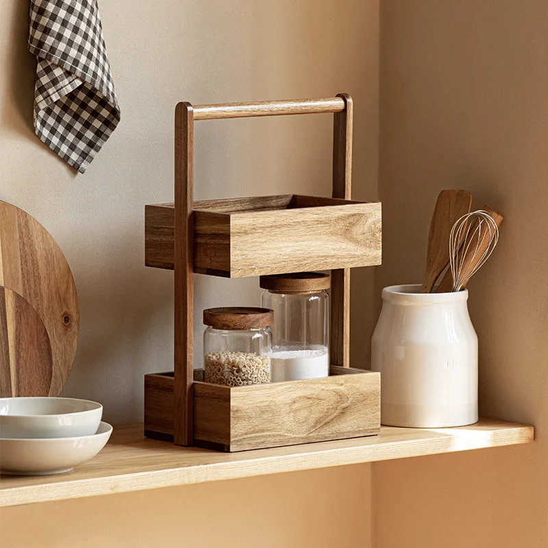 Wooden double-layer rack, kitchen, bathroom, living room, multi-layer desktop storage rack, snack fruit and vegetable storage ba