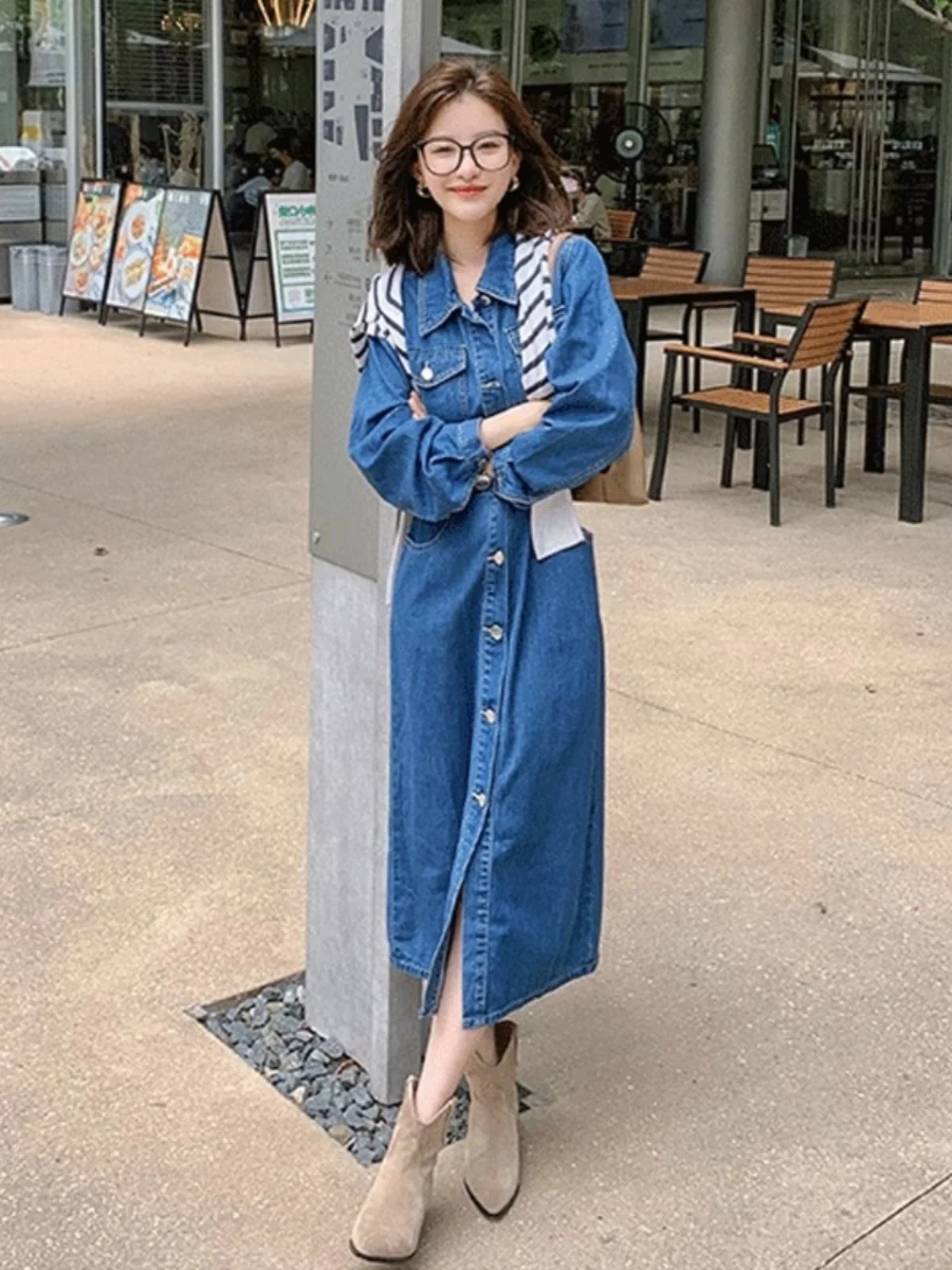 فستان قميص دينم بأكمام طويلة بتصميم عصري راقي للخريف للسيدات، تنورة على شكل حرف a على الطراز الكوري