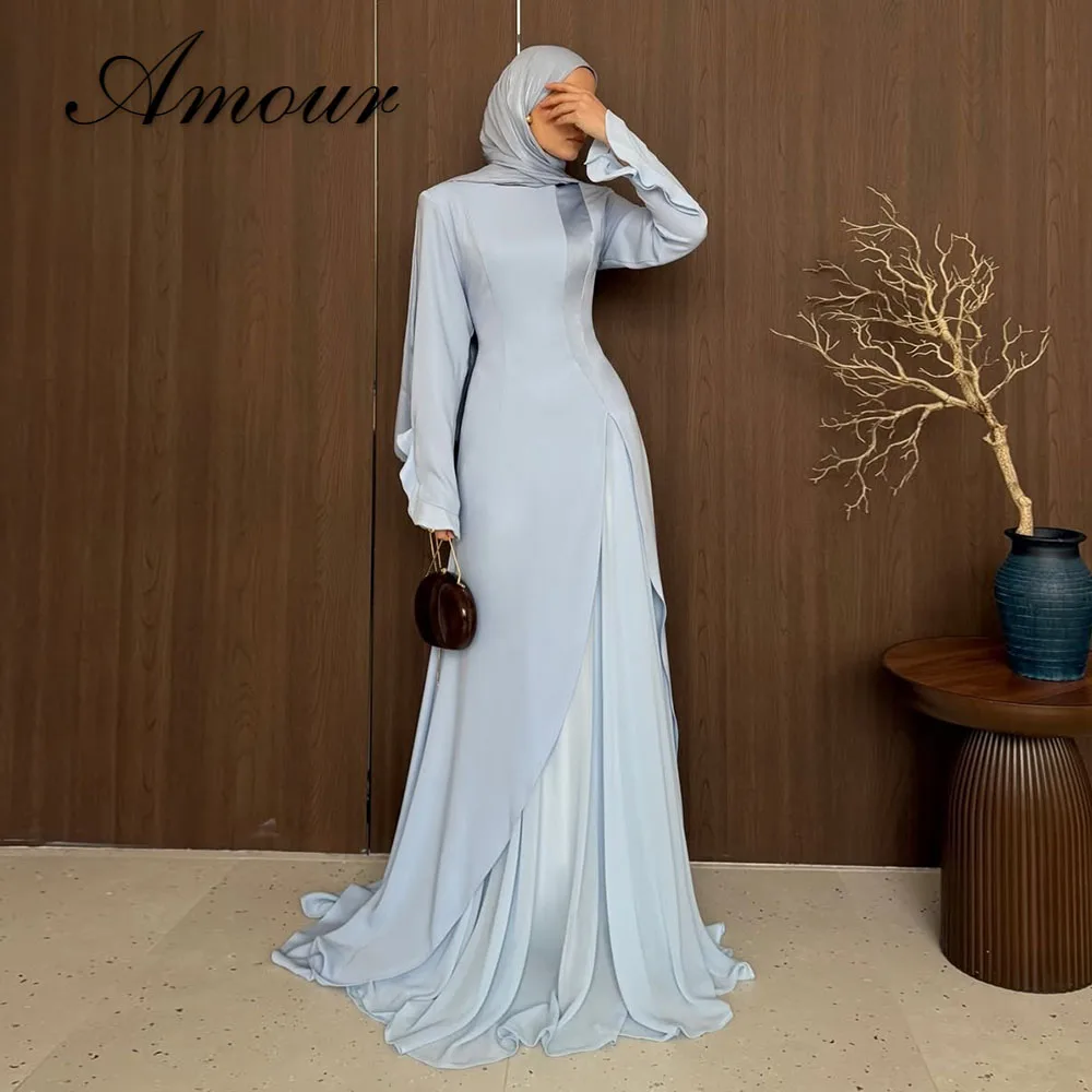 Amour Maßgeschneiderte Muslimische A-Linien Abendkleider Bodenlang Schlichte Langarm-Hijab-Kleider mit Hohem Kragen Ballkleider Robes De Soirée 2026