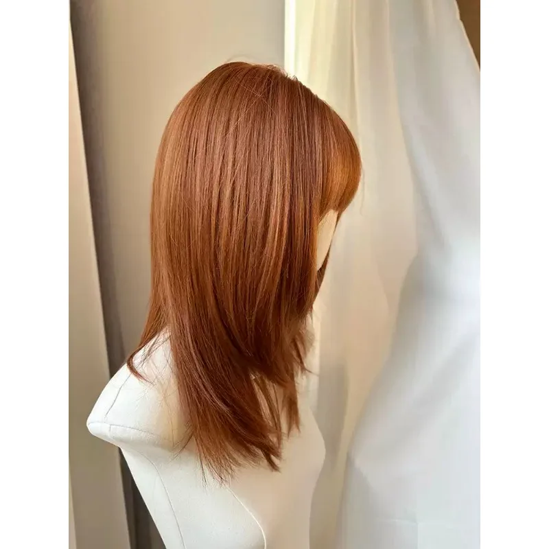 High Layer Medium Long Wig Orange Brown Japanese Style Natural Invisible Hairline Straight Full Wig Daily Cosplay Women