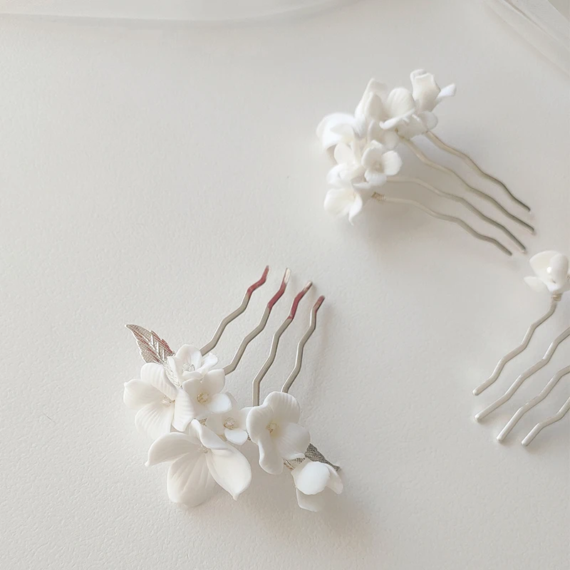 Fairy Wedding Hair Accessories Comb White Ceramic Flower Pearl Jewelry For Bridal Women Ornaments