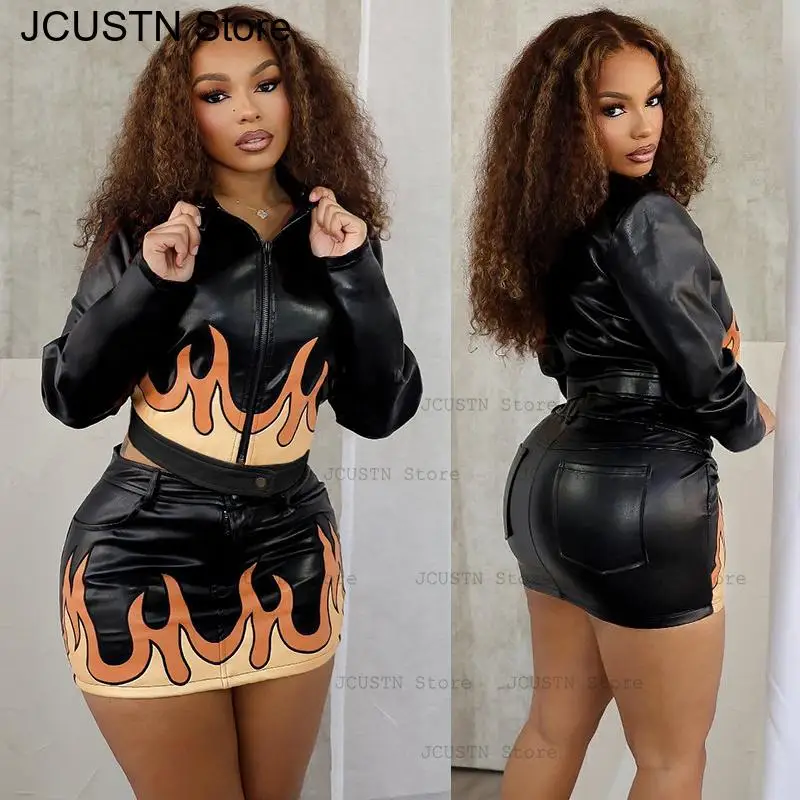 Y2K Faux Leather Coat Women Pu Leather Jacket Festival Party Outfits Fire Print Outwear Fashion Zip Up Bodycon Cropped Jacket