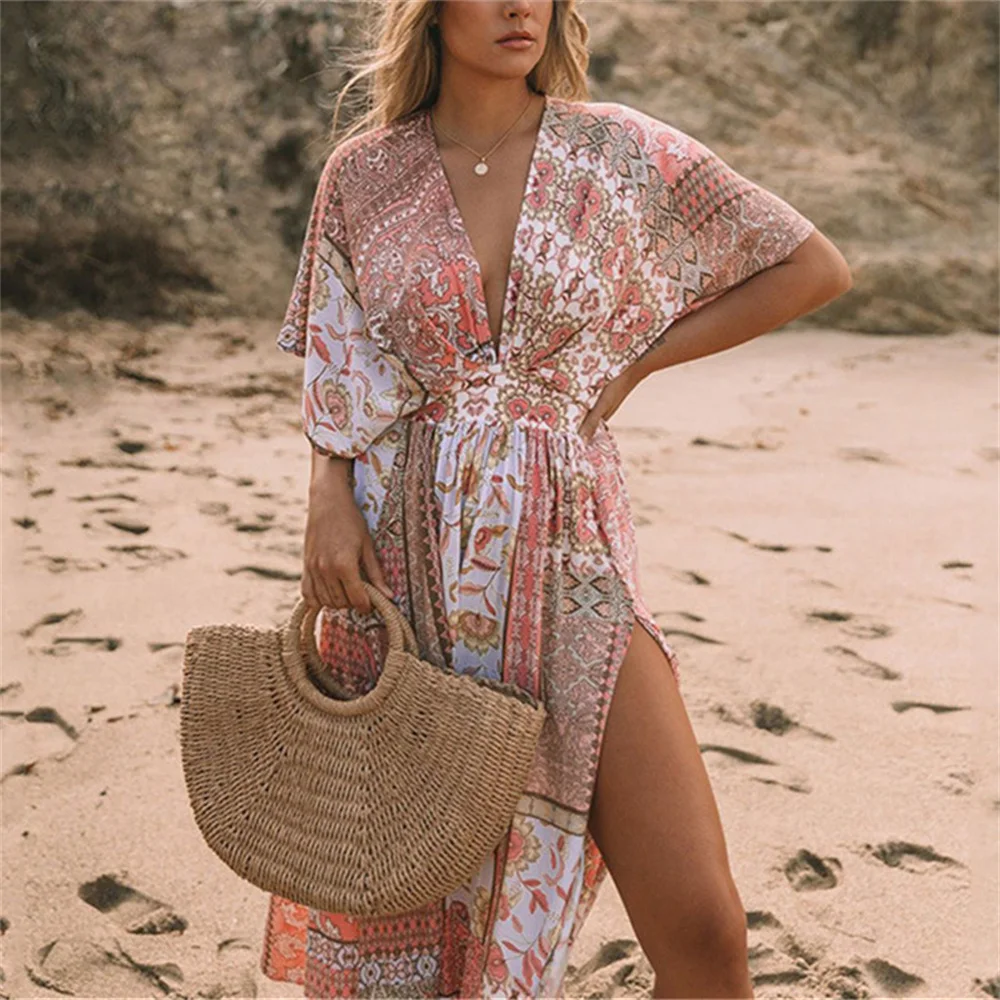 2022 luźna sukienka Boho Maxi w stylu etnicznym drukowane strój kąpielowy Cover-up artystyczna sukienka szata Plage Kaftan długa sukienka stroje