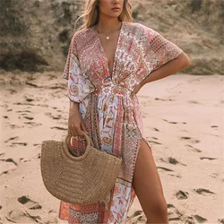 2022 luźna sukienka Boho Maxi w stylu etnicznym drukowane strój kąpielowy Cover-up artystyczna sukienka szata Plage Kaftan długa sukienka stroje plażowe tuniki