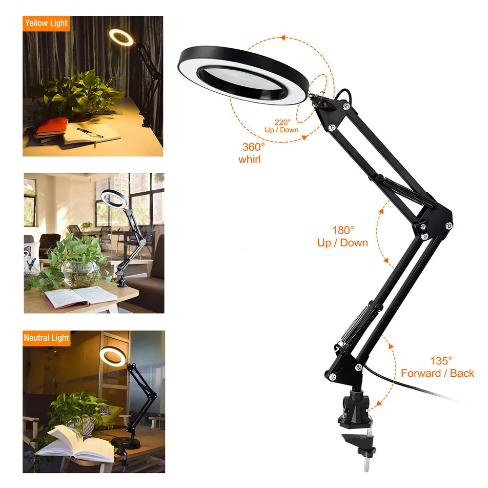 Magnifying Glass with 3 Colors LED Light Third Hand Soldering Tool Desk Clamp USB 8X Magnifier Welding/Reading 8W Table Lamp