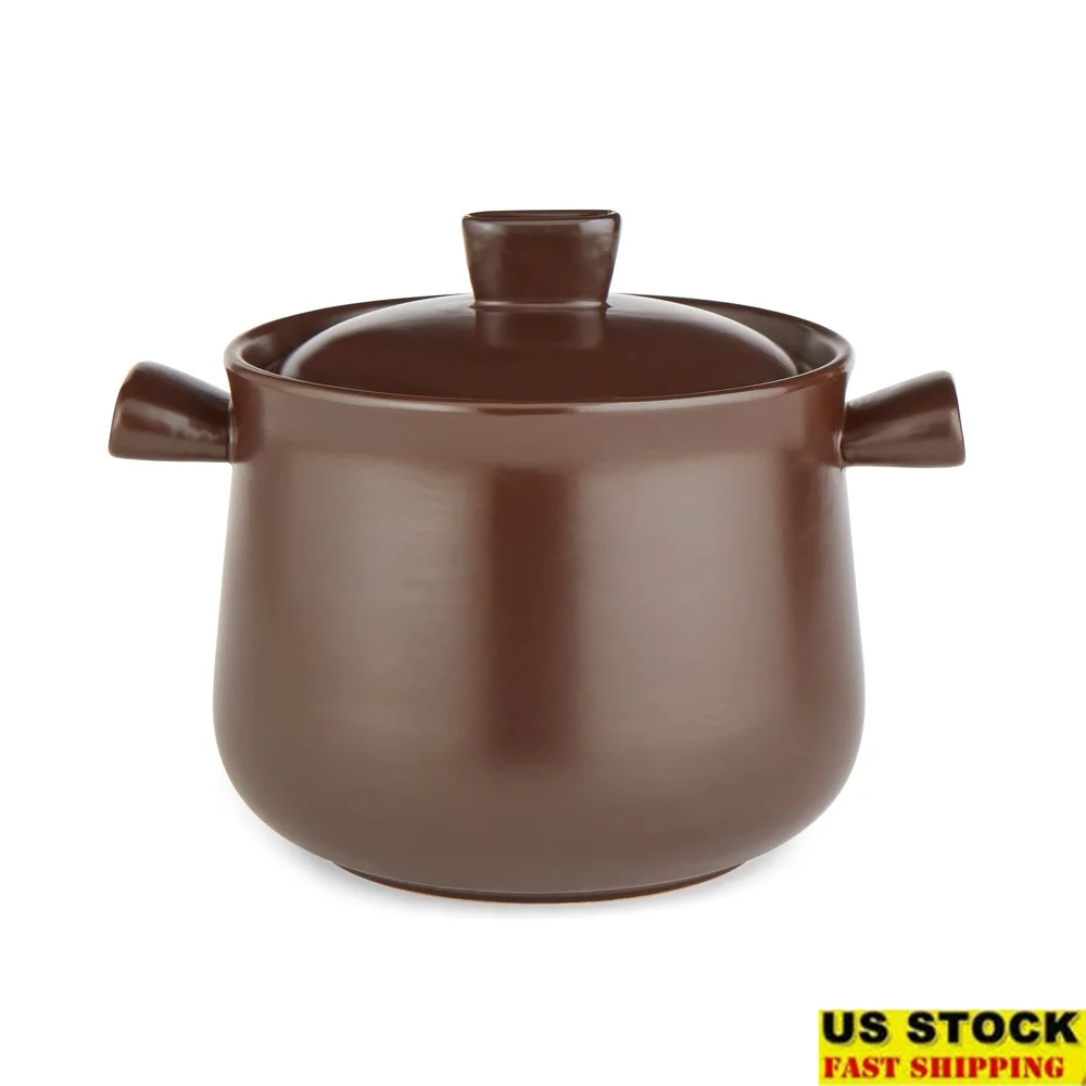 

4.8QT Deep Round Stew Pot with Lid Premium Pottery Even Heat Moisture Lock Healthy Cooking All Stovetops Compatible