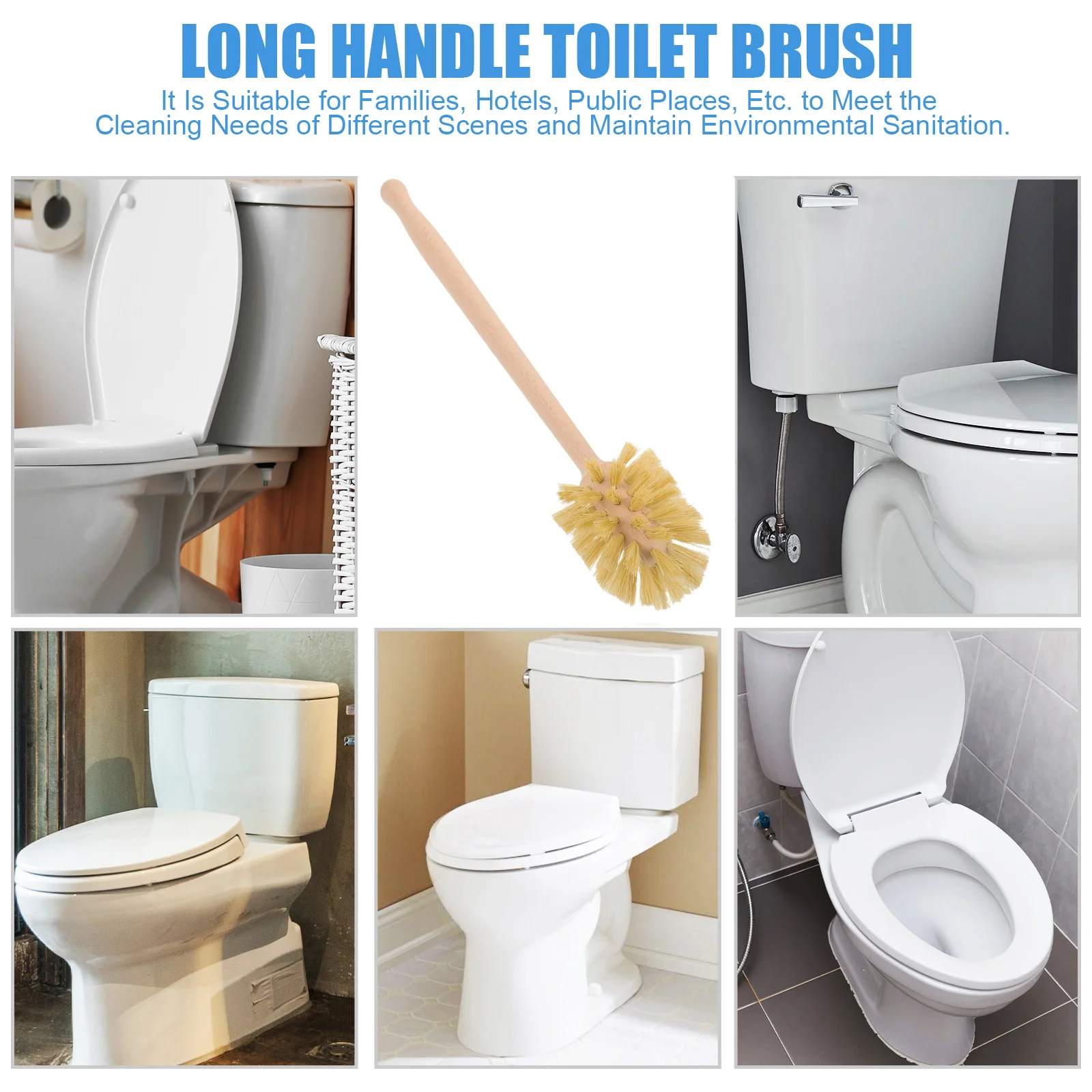 

3pcs Long Handle Toilet Brush 2.55" Wooden Handle Sisal Bristle Deep Cleaning Scrubber For Bathroom Household Hotel Use
