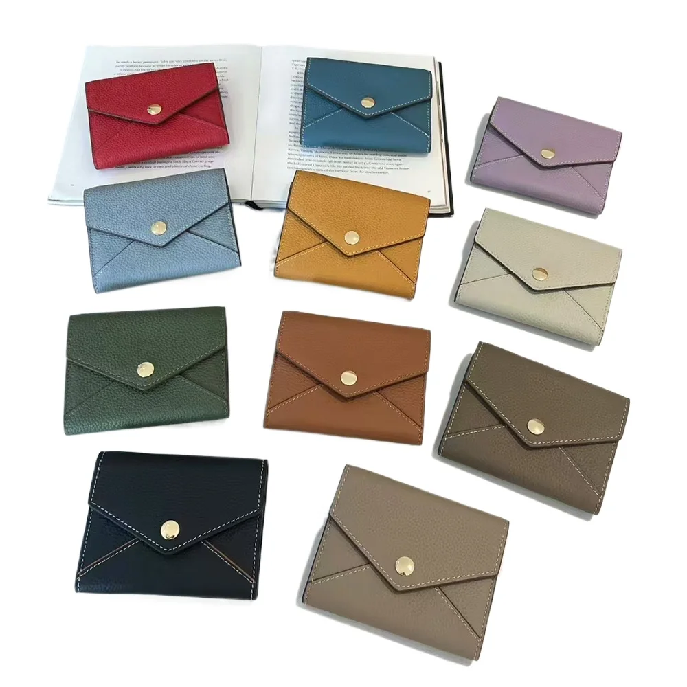 

Luxury Genuine Leather Woman's Short Wallets Custom Name Portable Envelope Credit Card Holder Personalize Letters Small Purse
