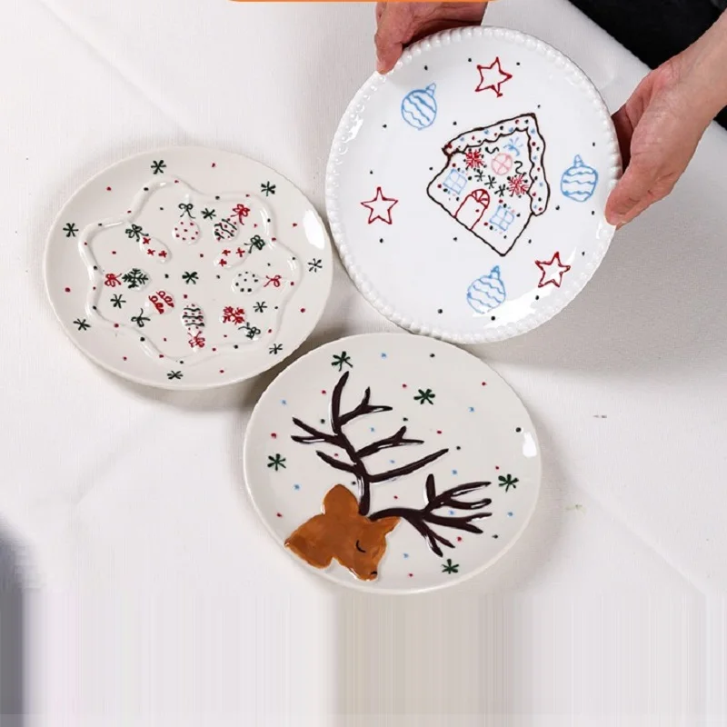 

NEW Santa Claus Western-style Ceramic Big Dinner Plate Underglaze Painting Home Embossed Cake Dessert Plate Christmas Gift