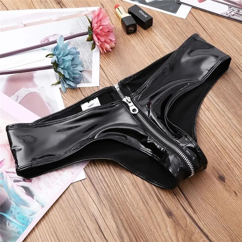 Neue Damen-Mini-Shorts aus PVC-Spiegellackierung, sexy Reißverschluss, heller geteilter Tanga, Pole Dance