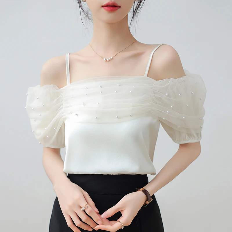 

QOERLIN Summer Sweet Camisoles Pearl Mesh Off-The-Shoulder Casual Tops 2024 New Elegant Casual Soft Blouse Female Korean Fashion