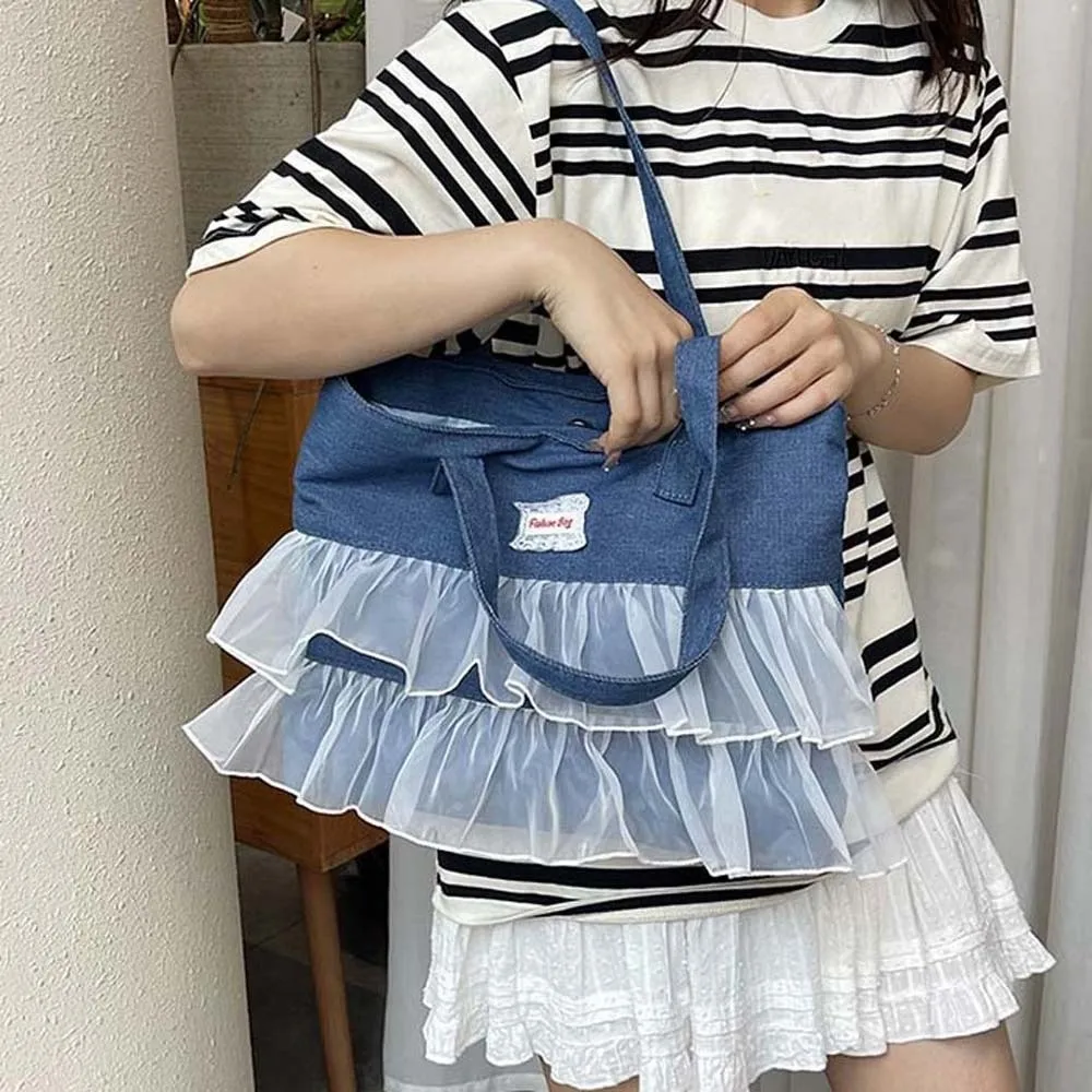 

Креативная портативная джинсовая синяя сумка-тоут в корейском стиле, черная джинсовая кружевная сумка, универсальная большая вместительная сумка для подмышек, весенняя