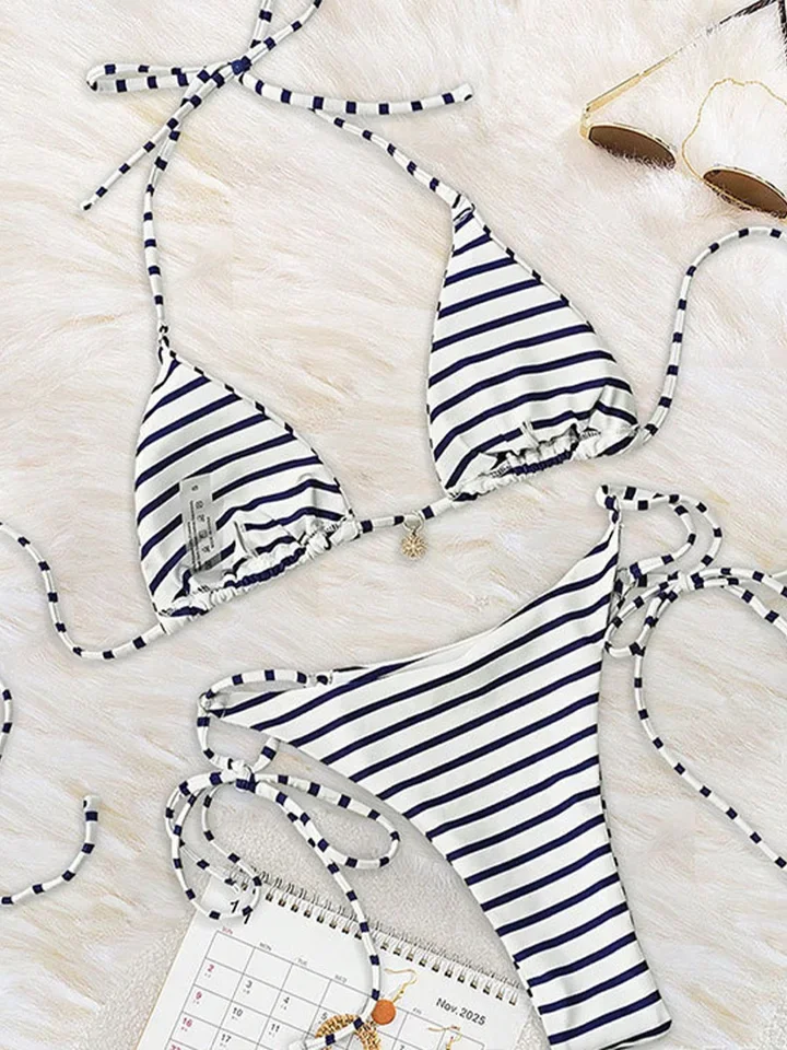 Vzvn Sexy Lace Up Stripe Vacation Casual Bikinis Women Split Swimsuit Beach Bikini 2026 All Season Backless Bikinis 2 Piece Set