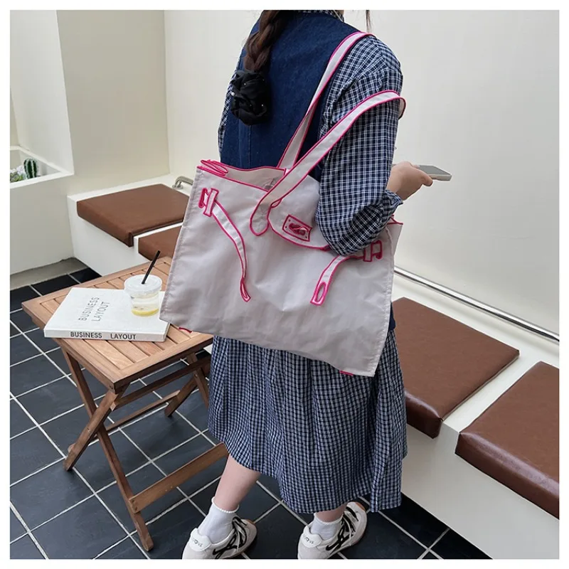 Embroidery Tote Bag for Women Large Capacity Nylon Shoulder Bag 2026 Niche Contrast Color Handbag Casual Daily Commute image 3