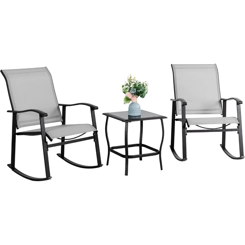 

3 Piece Outdoor Rocking Bistro Set, Textilene Fabric Small Patio Furniture Set, Front Porch Rocker Chairs Conversation Set Table