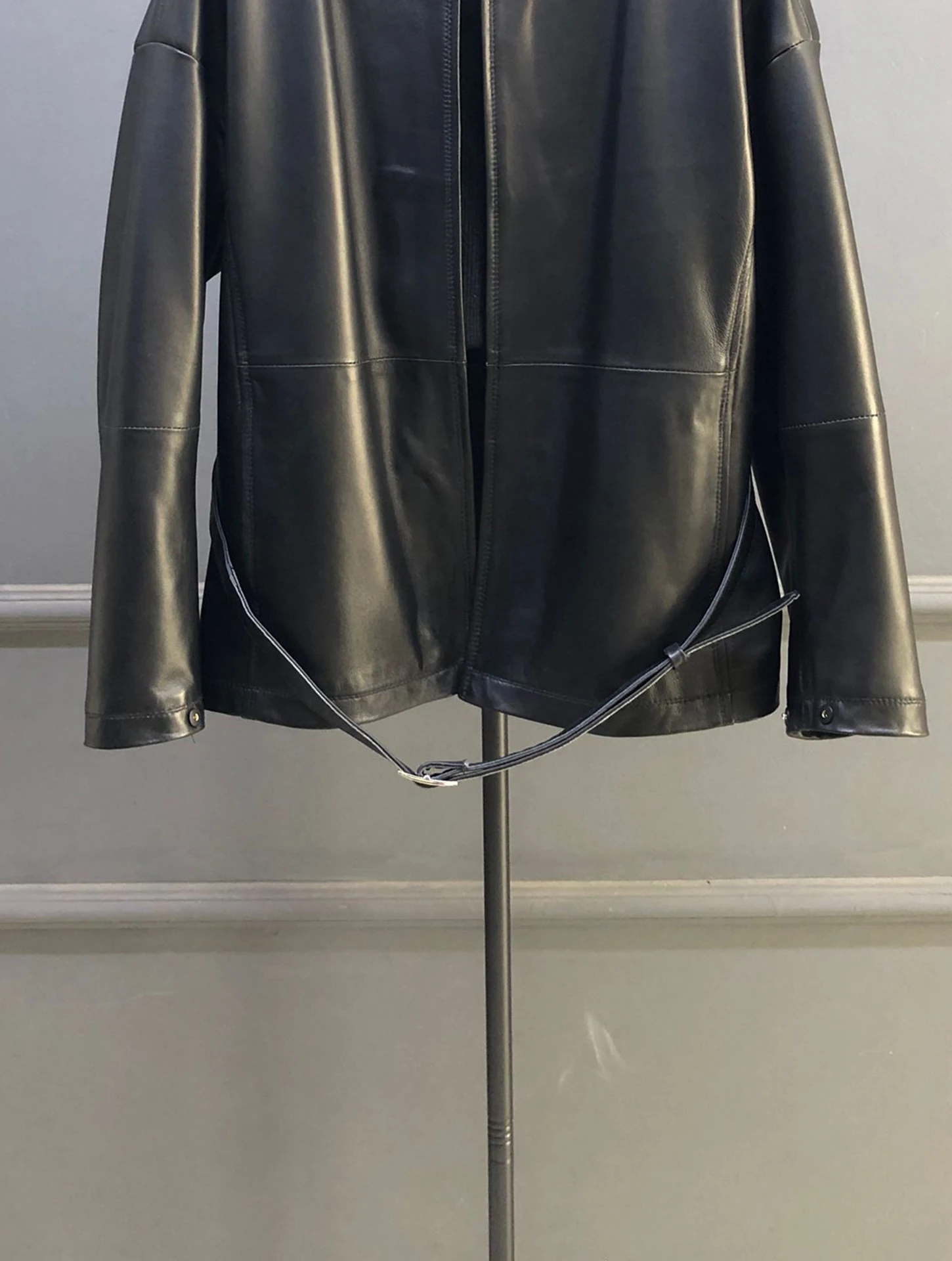 New Women's Genuine Leather Jaet eepskin Coat Slimming Waist round Ne Long Sve Faionable Outerwear Commute Sle