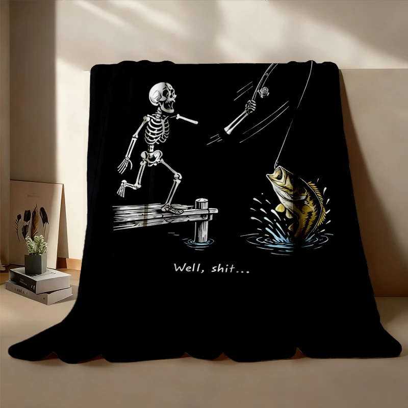 Skeleton Bass Fishing Flannel Blanket, Funny Fisherman Gift, Well Shit Funny Skeleton Graphic Flannel Throw