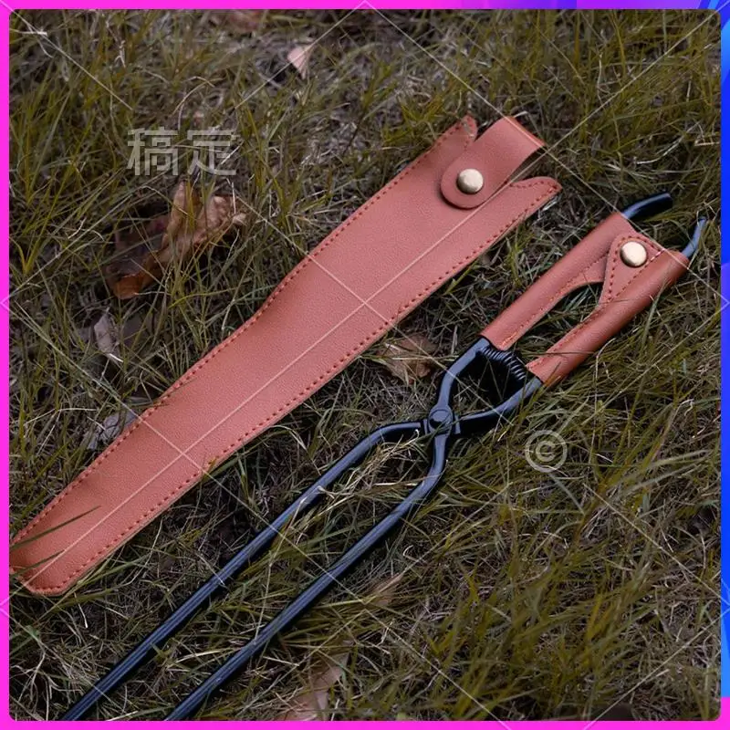 AUU-التخييم النار شواء مكافحة السمط الفحم ملقط المحمولة الكربون الصلب النار ملقط الحطب مع غمد الجلود #2