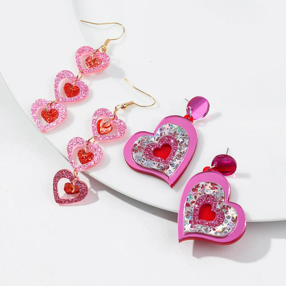 

New Sweet Mirrored Love Acrylic Drop Earrings for Women Girls Glitter Pink Heart Dangle Earring Valentine's Day Jewelry Gift