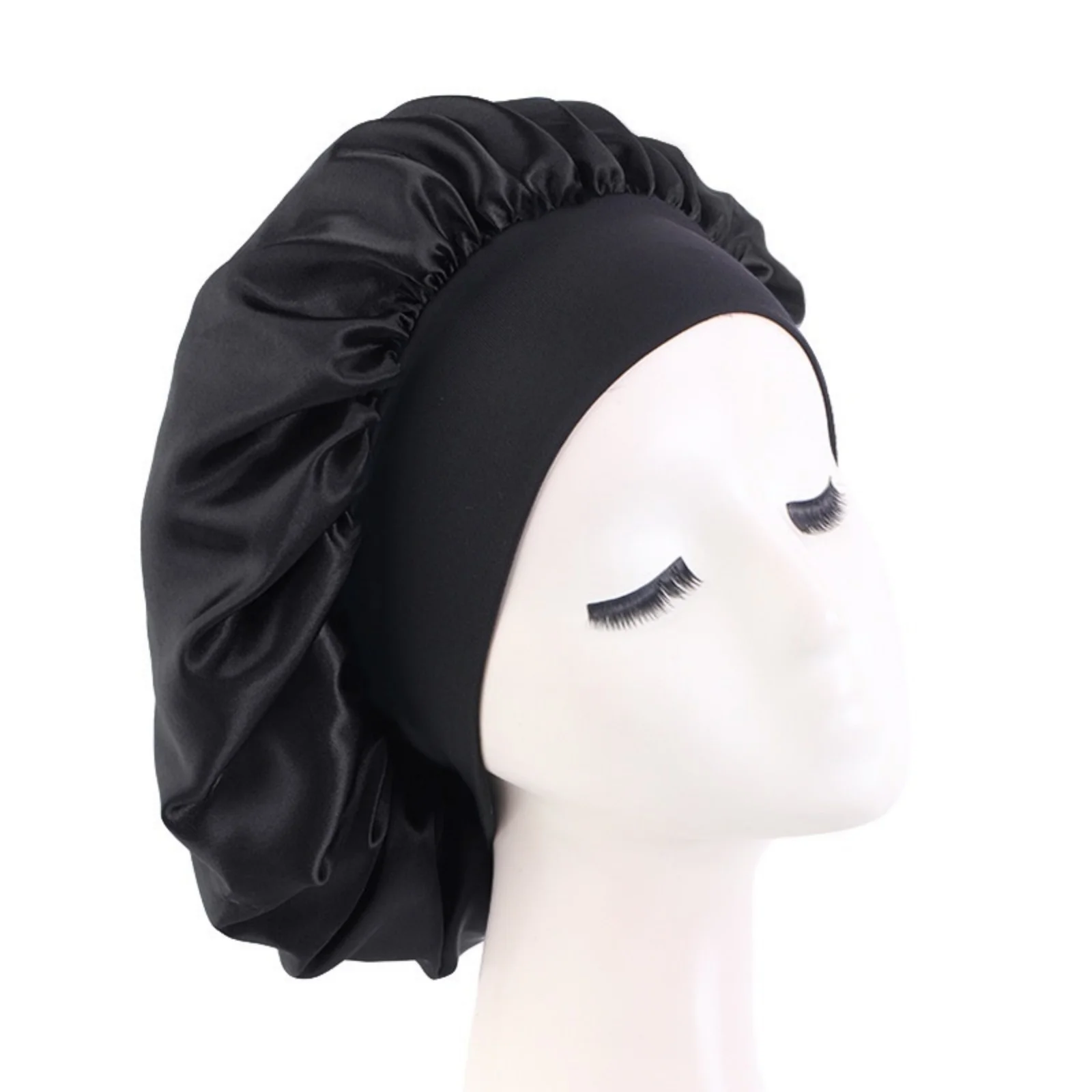 Damen Satin Einfarbige Schlafhauben Breitkrempige Nacht-Schlafmütze Unisex Kopfwickel mit Elastikband Haarpflege-Bonnet – Detail 8