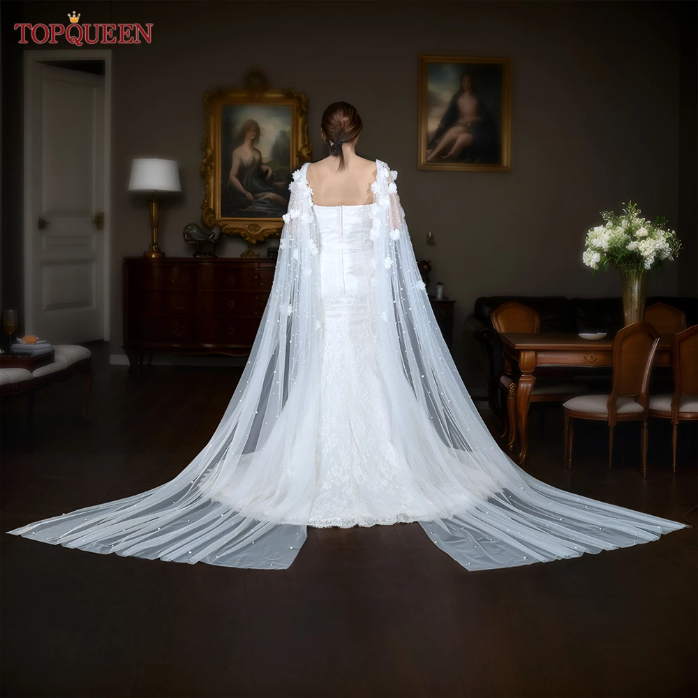 TOPQUEEN VG110 Bridal Shawl Wedding Cape White Flowers With Pearls Draped Newly Designed Cape for Wedding Dress DIY Bolero Women