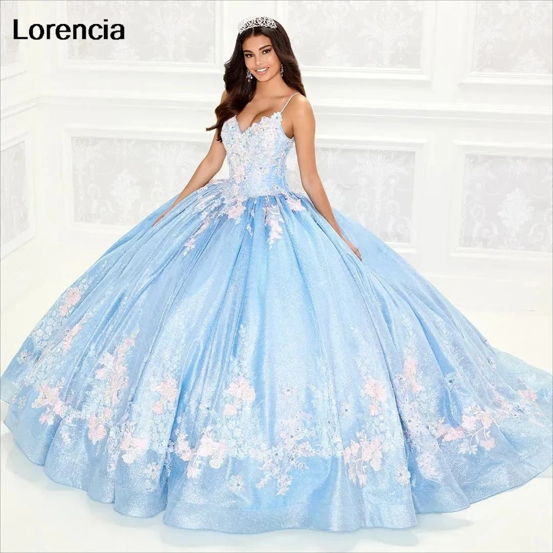 Lorencia-vestido De quinceañera azul, vestido De baile De espagueti con capa, apliques De flores 3D, cuentas dulces 16, 15 Años, YQD666