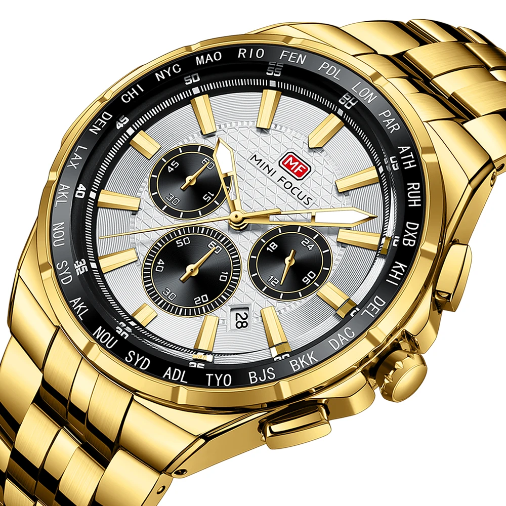 

MINI FOCUS Man Watches Luxury Gold Business Stainless Steel Waterproof Complete Calendar Clock Quartz Watch Reloj Hombre 0613G