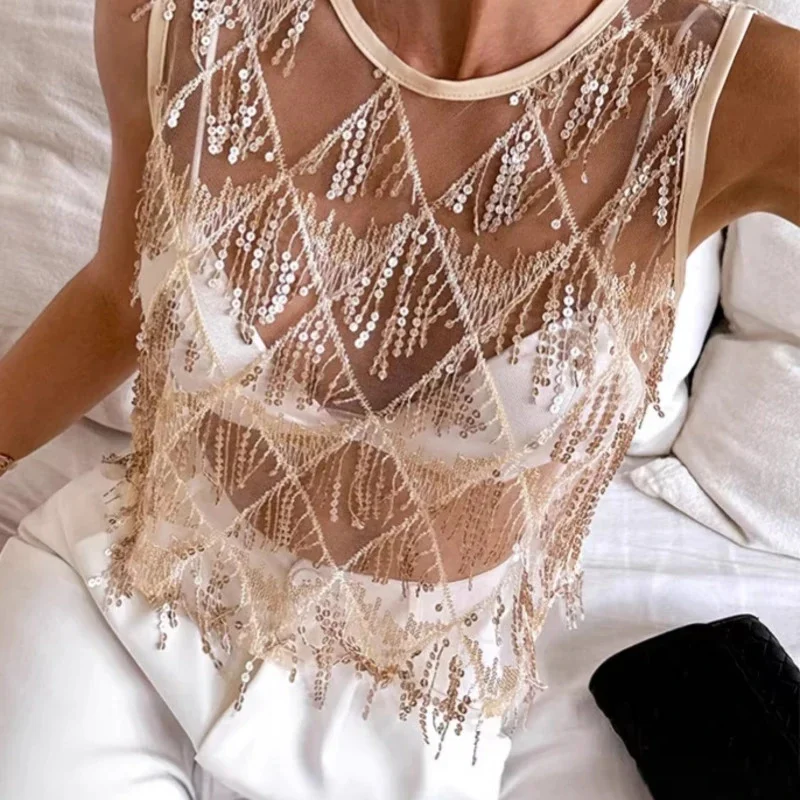 Women Sequin Fringe Tank Top, Sheer Mesh Sleeveless Crop Blouse, Party Club Festival Vacation Summer, Beach Holiday Camisole Top