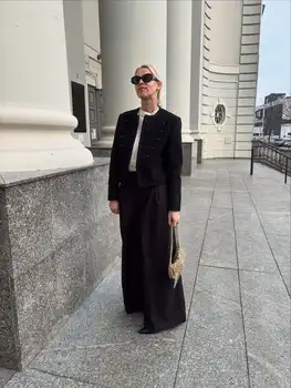 Chic Black Round Neck Napoleon Military Jacket Women Casual Full Sleeve Buttons Cropped Slim Coat 2026 Lady Daily Street Jackets 2