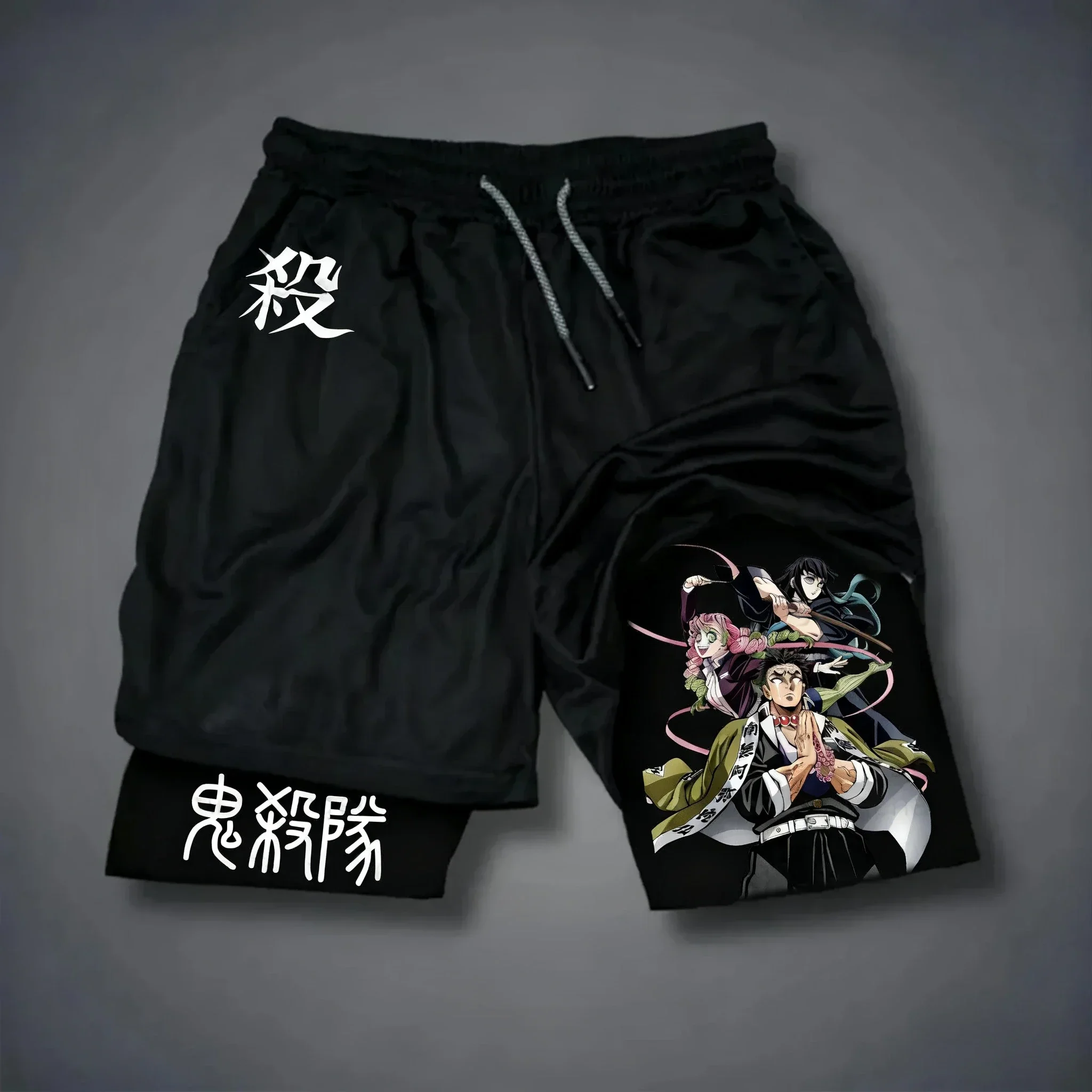 

Мужские двухслойные шорты Demon Slayer, лето 2026, аниме, новая мода, высокоэластичные спортивные шорты для фитнеса и плавания, 2 в 1
